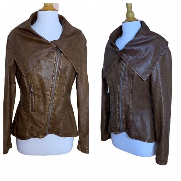 JOUJOU Brown Faux Leather Moto Jacket - Medium - Picture 2 of 10